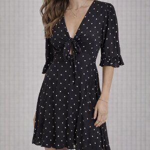Free People Polka Dot Mini Dress Black Tie Neck Sz XS